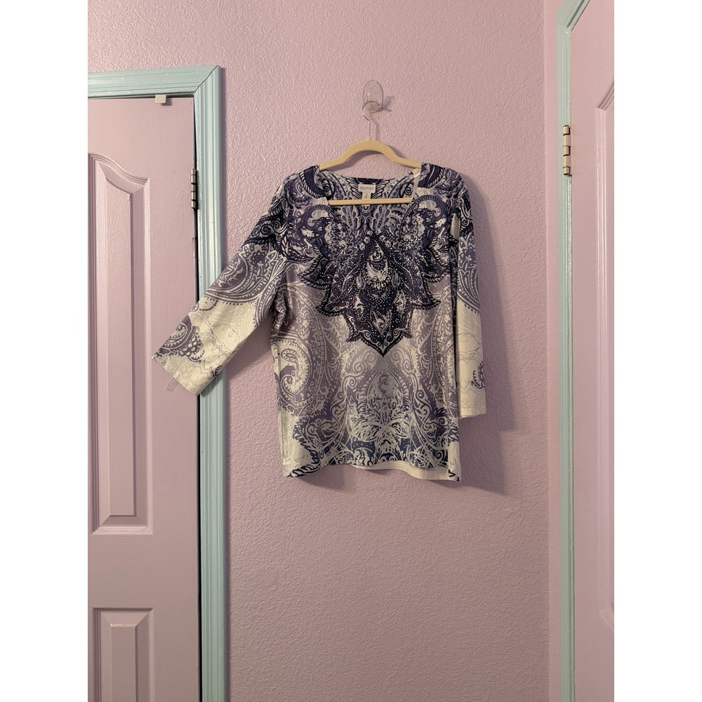 Vtg Chico's Y2K Purple Paisley Top Size 3 XL Rhinestones Soft Knit Tunic Boho